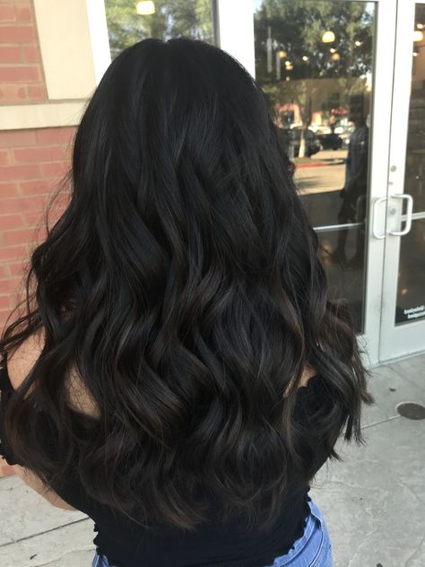 Single process going darker Black Hair With Definition, Dark Brown Hair Single Process, Level 3 Hair Color Dark Brown, Darkest Brown Hair Color Dark, Dark Brown Almost Black Hair Color, Dark Deminsional Hair, Warm Tone Black Hair, Black Hair Dimension, Black Hair With Lowlights Balayage