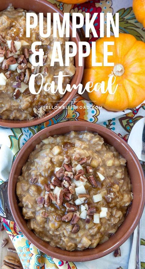 Pumpkin & Apple Oatmeal with pecans, brown sugar and pumpkin pie spice - the perfect fall breakfast for those cold and cozy mornings. Apple Oatmeal, Fall Breakfast, Cozy Mornings, Pumpkin Apple, Oatmeal Breakfast, Health Breakfast, Pumpkin Pie Spice, Oatmeal Recipes, Slow Cooking