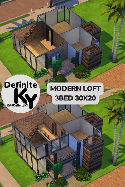 Eco Lifestyle + City Living + Get Together + Get To Work + Jungle Adventure + Outdoor Retreat  Pack. Download from Patreon/EA gallery #DefiniteKY Sims 4 Home Ideas Exterior, The Sims 2 Houses Ideas, Loft Bed Sims 4, Sims 4 Outdoor Ideas, Ts4 House Download, Casa The Sims, The Sims House Ideas, Sims 4 Modern Eco House, The Sims 4 Houses Download