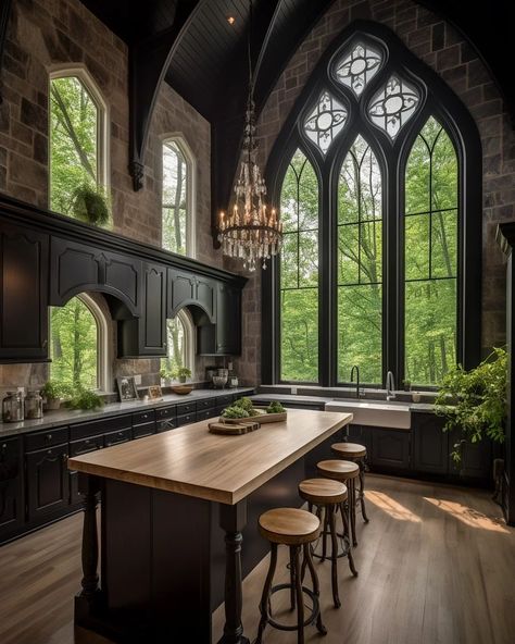 Modern Goth Home Exterior, Cathedral House Interior Design, Gothic Home Renovation, Modern Gothic Mansion, Goth Kitchen Aesthetic, Gothic Penthouse, Gothic Mansion Interior, Gothic Village, Modern Gothic House