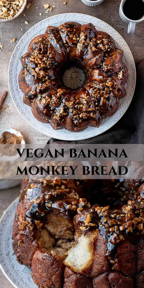 Vegan banana monkey bread - this delicious pull-apart bread is sweet, sticky and utterly more-ish! Soft, banana flavoured yeast dough balls are coated in butter and cinnamon sugar and layered with chopped walnuts to make an impressive, and addictive, brunch recipe. Monkey Bread Vegan, Banana Bread Vegan Recipe, Vegan Banana Recipes, Banana Recipes Vegan, Banana Monkey Bread, Vegan Monkey Bread, Brunch Vegan, Banana Monkey, Vegan Banana Bread Recipe