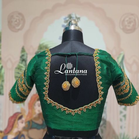 Elegant Green Embroidery Blouse with Cutdana and Golden Beads Transform your wardrobe with this stunning green blouse featuring intricate embroidery and a chic design. Adorned with cutdana, sequence, and golden beads, it also boasts a vibrant orange thread work neckline. @lantanaboutiquebangalore Marathahalli, Bangalore #bridalembroidery #embroidery #embroiderydesign #blousedesigns #greenblouse #orangethreadwork #threadwork #cutdana #neckline #beads #goldenbeads #sequense #lantanaboutique... Golden Thread Work Blouse Designs, Sequence Work Blouse Design, Embroidery Blouse Designs Thread, Green Embroidery Blouse, Green Embroidery, Golden Beads, Ladies Blouse Designs, Ladies Blouse, Embroidery Neck Designs