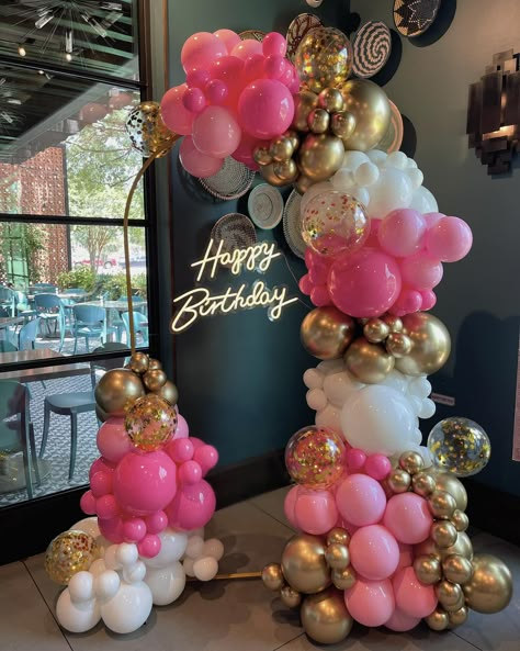 Pink, Gold, and White Birthday Balloon Arch by Capri & Eros Occasions Houston Pink Gold And White Birthday Party Decoration, Pink Amd Gold Balloon Garland, Balloon Garland Pink And Gold, Pink Gold White Balloon Garland, Coral Gold And White Balloon Arch, Gold And Pink Decorations Party Ideas, Balloon Decorations 21st Birthday, Pink Birthday Balloon Arch, Hot Pink White And Gold Party Decoration