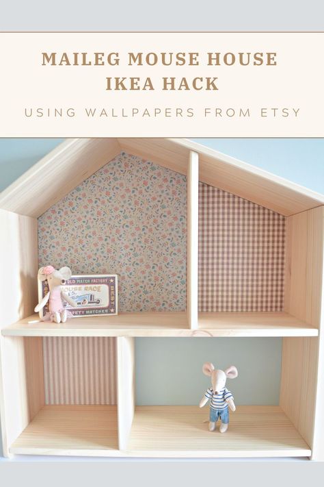 Maileg wallpapers fitted in IKEA Flisat playhouse, making the perfect mouse house on a budget! Maileg Mice House Diy, Ikea Dollhouse Wallpaper, Maileg Dollhouse Wallpaper, Ikea Doll House Hack, Flisat Ikea Dollhouse, Maileg Ikea House, Diy Ikea Dollhouse, Maileg Flisat, Diy Mouse House