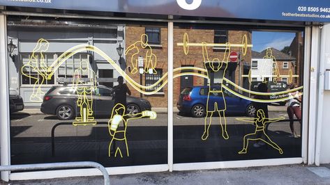 Gym Window Design, Gym Window Graphics, Gym Facade, Exterior Window Design, Window Branding, Gym Door, Window Lettering, Vinyl On Glass, Gym Decoration