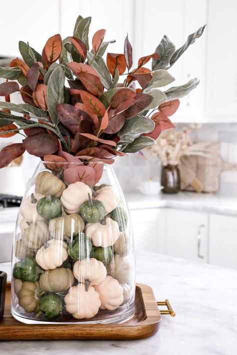 Diy Centerpiece For Wedding, Fall Decor Vase Fillers, Pumpkin Vase Filler, Table Pumpkin Centerpiece, Pumpkins In Vase Centerpiece, Magnolia Leaf Fall Decor, Fall Leaves In Vase, Fall Magnolia Decor, Clear Pumpkin Jar Decor