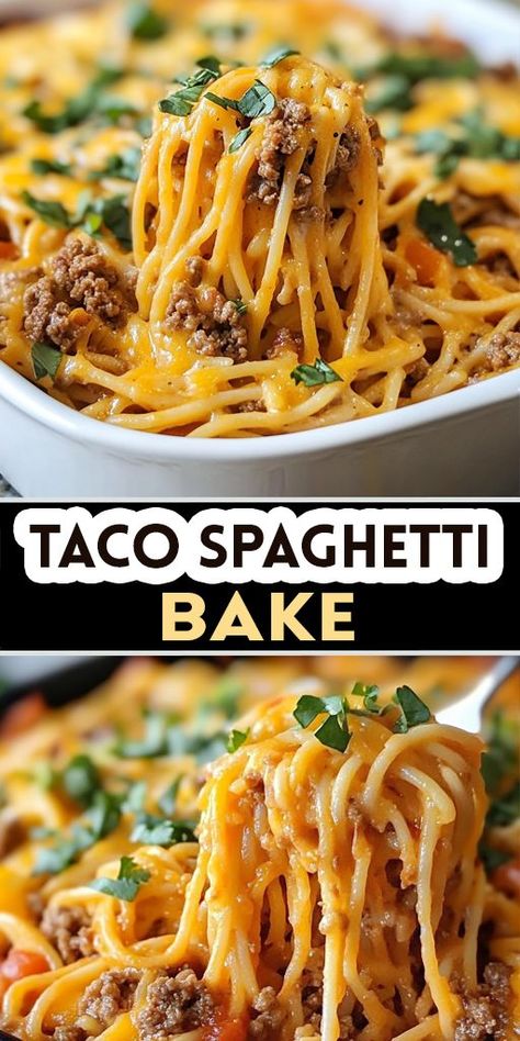 🌮 Love tacos AND pasta? This Taco Spaghetti Bake is the best of both worlds! Loaded with beef, taco seasoning, cheese, and spaghetti, this dish is perfect for busy weeknights or family dinners. It’s cheesy, hearty, and easy to make! 💡 Pin this recipe and enjoy taco pasta magic! #TacoSpaghettiBake #EasyDinnerIdeas #FamilyMeals #ComfortFood #PastaRecipes 🧀🍝 Creamy Taco Spaghetti Recipe, Spaghetti And Hamburger Recipes, Taco Speggetti Recipes, Spaghetti Supreme, Baked Taco Spaghetti, Taco Spaghetti To Die For, Taco Spaghetti Easy, Leftover Spaghetti Ideas, Taco Spaghetti Bake