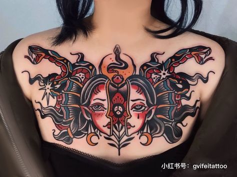 American Traditional Tattoos Chest Women, Stomach American Traditional Tattoos, Female Chest Tattoo Traditional, Women’s Traditional Chest Tattoo, Traditional Style Woman Tattoo, Neck Tattoos Women Traditional, Women Chest Tattoo Traditional, Traditional Back Tattoos For Women, Traditional Tattoo Chest Piece Women