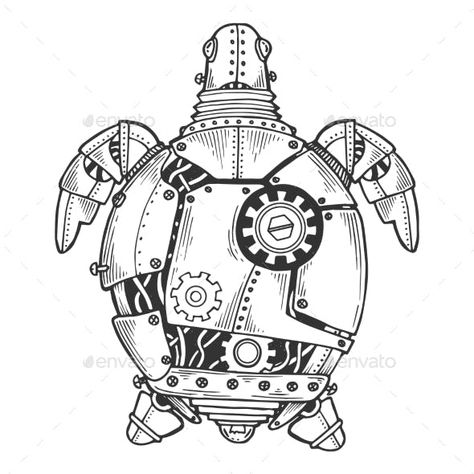 Mechanical Turtle Animal Engraving Vector Steam Punk Animals, Mechanical Animals Drawing, Mechanical Gears Drawing, Mechanical Style Art, Steampunk Drawing Ideas, Steampunk Animals Drawing, Mechanical Art Drawing, Steampunk Turtle, Steampunk Art Drawing