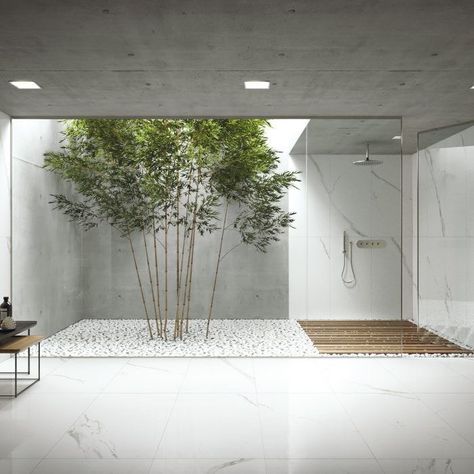 Internal Courtyard, Aesthetic Bathroom, Patio Interior, Interior Garden, Marble Effect, Wall And Floor Tiles, Indoor Garden, 인테리어 디자인, Bathroom Interior Design