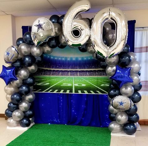 Dallas cowboys balloon arch Dallas Cowboys 30th Birthday Party, Dallas Cowboys Bday Party, Cowboys Decoration Ideas, Cowboys Birthday Party Football, Dallas Cowboy Backdrop Ideas, Cowboys Theme Party Dallas, Dallas Cowboys 50th Birthday Party, Dallas Cowboy Theme Party, Dallas Cowboy Centerpieces Ideas