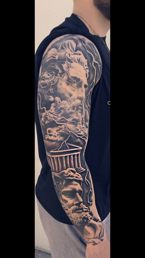 Zeus And Hercules Tattoo, Greek Mythology Tattoos Hercules, Zeus Sleeve Tattoo, Zeus Sleeve, Hercules Tattoo Design, Outer Bicep Tattoo Men, Zeus Tattoo Design, African Sleeve Tattoo, Hercules Tattoo