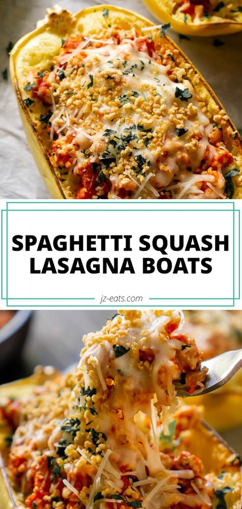 Spaghetti Squash Lasagna Boats, Lasagna Boats, Baked Spaghetti Squash Recipes, Lasagna Recipe With Ricotta, Spaghetti Squash Lasagna, Ricotta Cheese Recipes, Vegetarian Spaghetti, Squash Lasagna, Baked Spaghetti Squash