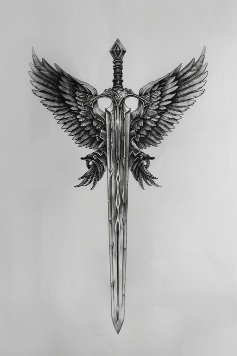 Sword of Truth Tattoo Design Spartans Tattoo, Cool Swords Drawing, Spartan Tattoos, Swords Tattoo, Knight With Wings Tattoo, Angel With Spear Tattoo, Spartan Tattoo Design, Knight Tattoo Design, Inverted Spear Of Heaven Tattoo