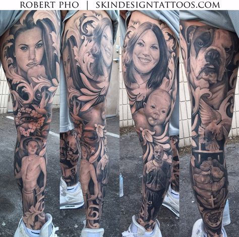 Family Portrait Tattoo Sleeve, Portrait Leg Sleeve Tattoo, Portrait Tattoo Leg, Leg Portrait Tattoo, Leg Tattoo Portrait, Portrait Arm Sleeve Tattoo, Kids Portrait Tattoo, Upper Leg Tattoos, Family Tattoos For Men