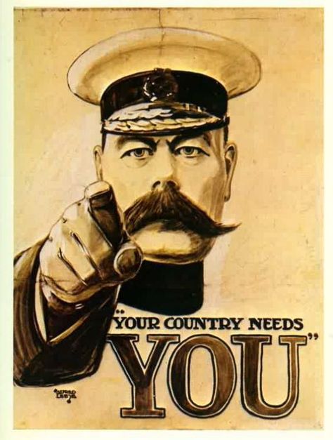 WW1: The famous Lord Kitchener recruiting poster reminding the lads that their king and country need them. Much imitated in later years, the poster has acquired iconic reputation. Montgomery Flagg, Ww1 Posters, James Montgomery Flagg, Recruitment Poster, Live Long And Prosper, Leonard Nimoy, Magic Garden, Star Trek Tos, Space The Final Frontier