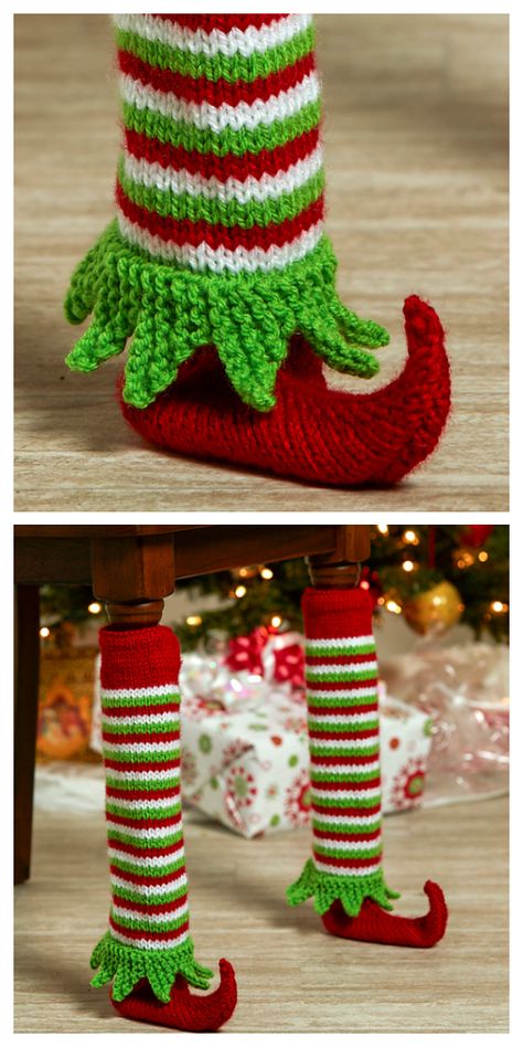 Knit Elf Shoe Table Leg Cover Free Knitting Pattern Crochet Table Leg Socks Free Pattern, Crochet Christmas Chair Covers, Crochet Chair Socks Free Pattern, Crochet Chair Socks, Shoe Table, Chair Socks, Christmas Knitting Patterns Free, Crocheted Christmas, Elf Shoes