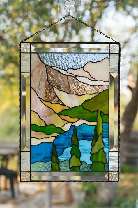 Stained glass panel Banff National Park. Window handing nature panel. Beautiful mountain landscape.  #stainedglasspanel #customstainedglass #windowhanding #stainedglassnature #stainedglassmountains #stainedglasslandscape Stained Glass Window Hangings, L'art Du Vitrail, Modern Stained Glass, Glass Rocks, Stained Glass Birds, California Wall Art, Stained Glass Window Panel, Stained Glass Decor, Custom Stained Glass