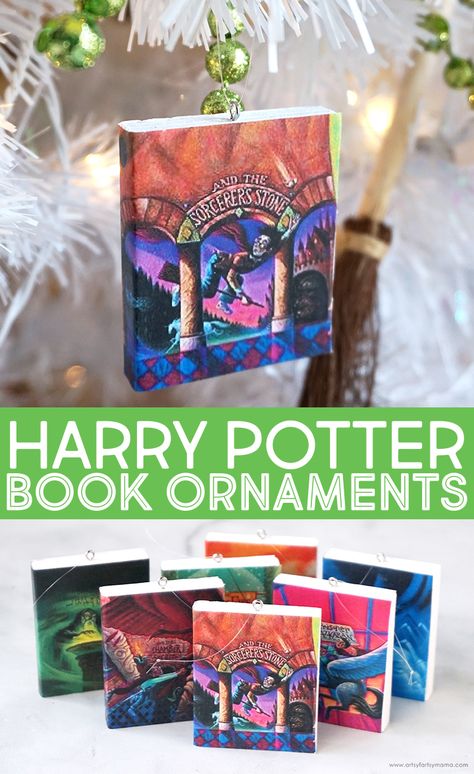 Harry Potter Book Ornaments #christmas #christmascrafts #harrypotter #harrypottercrafts #diyornament #hpcrafts #christmasornaments #diychristmas Harry Potter Chirstmas Tree, Free Printable Harry Potter Ornaments, Harry Potter Book Ornaments, Harry Potter Christmas Tree Decorations Diy, Homemade Harry Potter Ornaments, Harry Potter Christmas Printables, Book Themed Christmas Ornaments, Harry Potter Pillows Diy, Cricut Harry Potter Projects