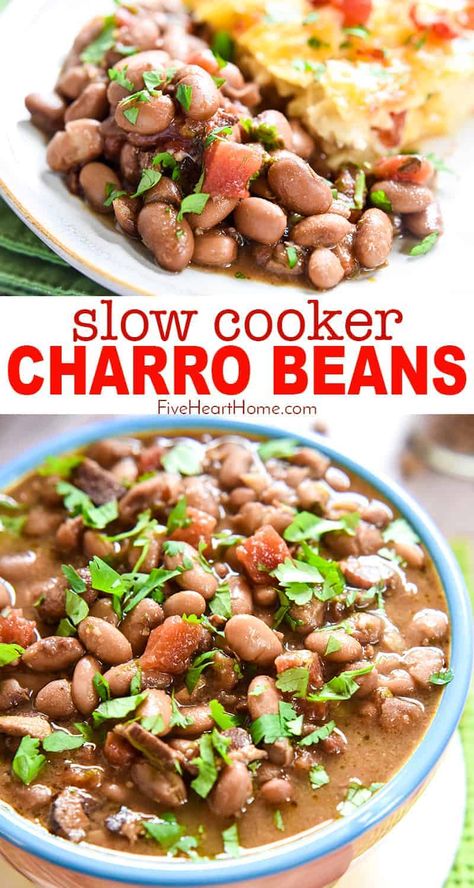 Churro Beans, Mexican Main Dishes, Charro Beans, Beans In Crockpot, Slow Cooker Beans, Authentic Mexican Recipes, Mexican Side Dishes, Rice Side, Green Chiles