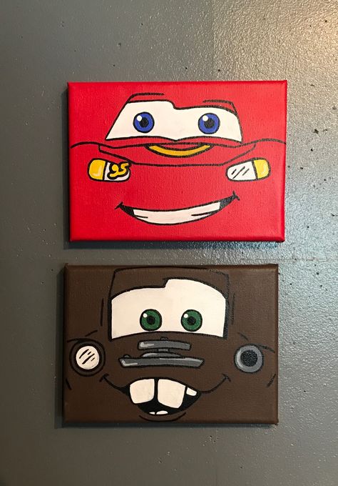 Disney Easy Paintings Canvases, Small Canvas Art Cartoon, Drawings To Paint Canvases, Cars Painting Disney Easy, Disney Cars Painting Canvas, Cars Painting Easy, Pixar Paintings Easy, Lightning Mcqueen Painting Easy, Tony Canvas Painting Ideas