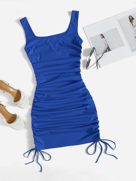 Royal Blue Casual Collar Sleeveless Knitted Fabric Plain Tank Embellished Slight Stretch  Women Clothing Blue Club Dress Short, Tight Blue Dress, Blue Sparkly Dress, Western Outfits Men, Green Bodycon Dress, Khaki Style, Drawstring Neckline, Short Bodycon Dress, Black Jeans Outfit