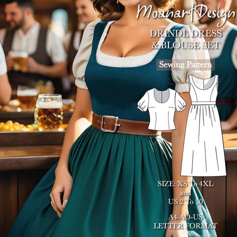 Wide scoop neck gathered midi dirndl dress perfect for beginners Buy old and new models in our store at the best price! 👉https://www.etsy.com/shop/MoanartDesign?ref=seller-platform-mcnav Special offer: ♥ Free dress pattern is sent with every order placed today. ♥ 2 meters of fabric is sufficient for the blouse. You can choose any woven fabric you want. A plastic hidden zipper is required for the middle of the back. Poplin fabric is our recommendation. If you do not want to use a zipper, you sho Woman Sewing Patterns, Dirndl Pattern Free, Easy Clothing Patterns, Free Dress Pattern, Dirndl Pattern, Tea Dress Pattern, Drindl Dress, Sewing Patterns Free Beginner, Dress Pdf Pattern