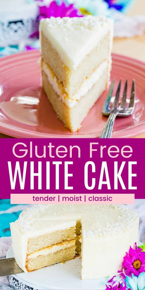 This tender White Cake can be topped with your choice of frosting and is easily made gluten free! Whether you go with classic vanilla or chocolate buttercream or dress it up with other fillings and frosting, this will be an essential recipe in your collection. Perfect for birthday celebrations or whenever you want a pretty cake to enjoy. | how to make white cake from scratch | homemade white cake recipe easy | white cake recipe ideas | best white cake recipe | homemade cake recipes from scratch Basic White Cake Recipe, Homemade Cake Recipes From Scratch, Homemade White Cake Recipe, Gluten Free White Cake, Easy White Cake, White Cake From Scratch, Gluten Free Vanilla Cake Recipe, Homemade White Cake, Gluten Free Dairy Free Cake