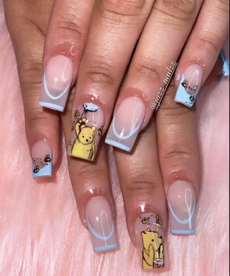 Classic Winnie The Pooh Nails, Short Winnie The Pooh Nails, Winnie The Pooh Nails Acrylic Short, Winnie The Pooh Nail Designs, Winnie The Pooh Nails Acrylic, Pooh Bear Nails, Winnie The Pooh Nails, Pooh Nails, Shower Nails