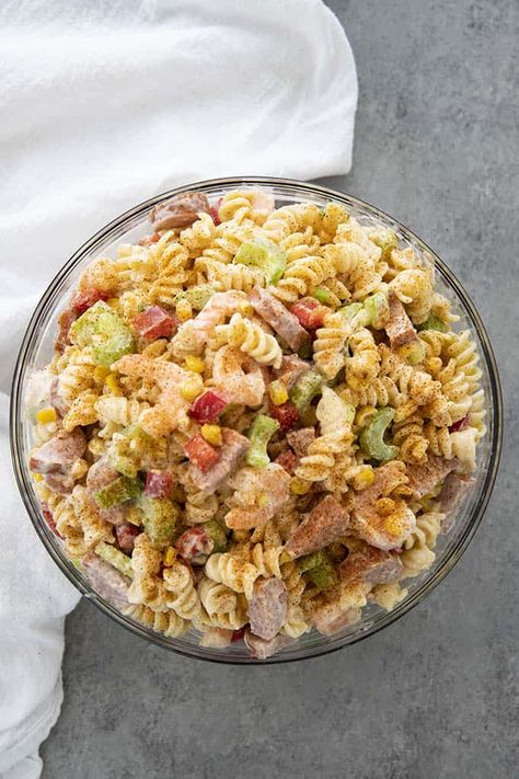 shrimp pasta salad in a bowl Salad In A Bowl, Mayo Pasta Salad Recipes, The Salty Marshmallow, Shrimp Pasta Salad, Salty Marshmallow, Seafood Salad Pasta, Group Food, Awesome Appetizers, Side Salads