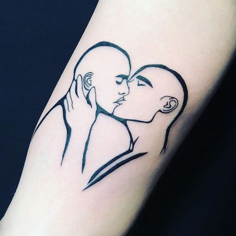 Follow @TATTOOWONDERLAND on Pinterest for more! * Kissing men tattoo - queer tattoo Queer Tattoos, Queer History, History Tattoos, Men Tattoo, Arm Tattoos, Arm Tattoos For Guys, Tattoo Sleeve, Patch Work, Work Ideas