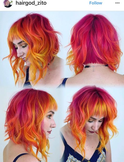 Vivid Hair Color Inspiration, Fire Hair Color Short, Fun Natural Hair Color Ideas, Crazy Color Hair Ideas, Red And Orange Hair, Fashion Hair Color, Pink And Orange Hair, Sunset Hair, Fire Hair