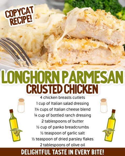 Copy Cat Longhorn Parm Chicken, Parmesan Crusted Chicken Crockpot, Dinners He Will Love, Copycat Longhorn Parmesan Crust, Long Horn Steakhouse Recipes, Longhorn Chicken Parmesan, Longhorn Parmesan Chicken, Copycat Longhorn Parmesan Chicken, Parmesan Ranch Crusted Chicken