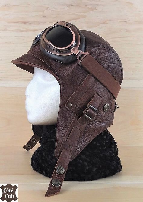 Aviator hat, leather steampunk cap motorcycle moto motobike helmet and goggles, flying pilot cap, military style WW2, tobacco leather, for men and women.   FREE SHIPPING! Steampunk Winter Hat, Pilot Oc, Aviator Aesthetic, Steampunk Pilot, Fantasy Hats, Steampunk Helmet, Aviator Helmet, Aviator Costume, Pilot Goggles