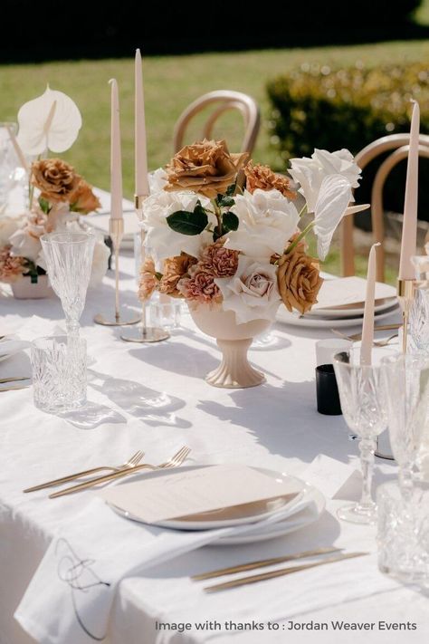 Welcome Table Arrangement Wedding, Toffee Wedding, Southern Lights, Candle Wedding Centerpieces, Gold Cutlery, Outdoor Wedding Inspiration, Party Hire, Wedding Candle, Wedding Table Plan