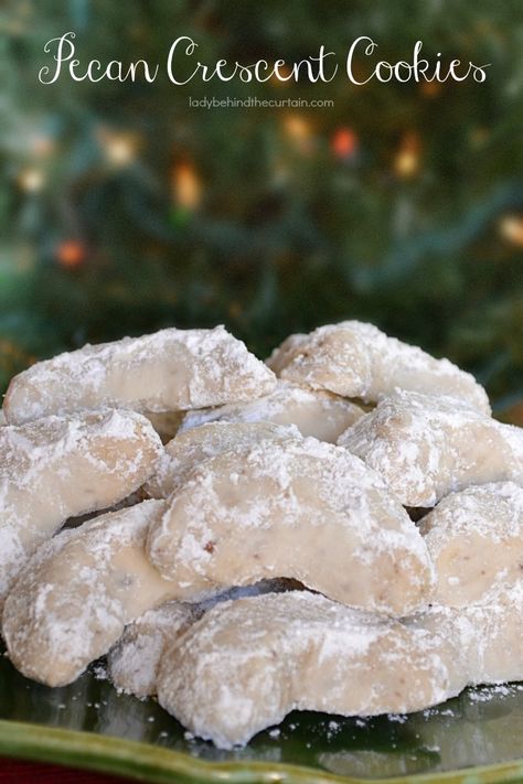 Pecan Crescent Cookies. A light buttery shortbread cookie with chopped pecan and rolled on powdered sugar. One of my families favorite holiday cookies. Pecan Crescent Cookies, Powdered Sugar Cookies, Almond Crescent Cookies, Pecan Shortbread Cookies, Apple Oatmeal Cookies, Crescent Cookies, Moon Cookies, Italian Christmas Cookies, Italian Cookie Recipes