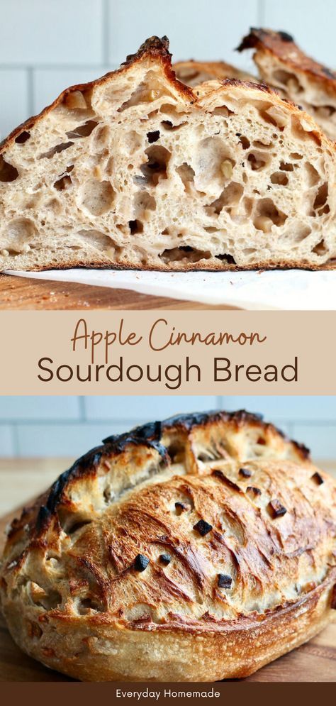 Enjoy the flavors of fall with our Apple Cinnamon Sourdough Bread recipe! Made with an active sourdough starter, this bread features fresh apples and cinnamon for a taste like apple pie. Perfect for breakfast or a snack, this sourdough bread is easy to make and delicious. Try this simple sourdough bread recipe with fall sourdough inclusions today! Fall Sourdough Recipes Bread, Soughdough Bread Recipe, Recipes From Sourdough Starter, Sourdough Apple Bread Recipe, Sourdough Apple Loaf, Autumn Sourdough Bread, Fall Sourdough Flavors, Fall Sourdough Bread Flavors, Different Sourdough Flavors