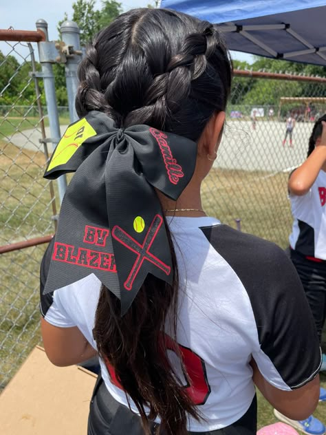 softball, hairstyles, cute, bow, dutch braid, braid, hair Sports Day Hair, Softball Braids, Volleyball Hair Bows, Softball Hair Bows, Softball Hair, Track Hairstyles, Two Braid Hairstyles, Hairstyles Cute, Dutch Braid Hairstyles