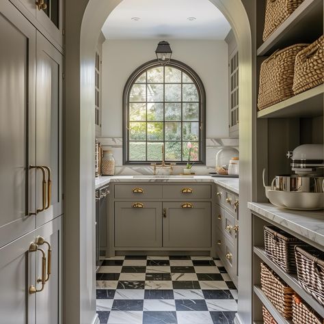 A dream pantry! I love the checkerboard marble flooring in here, and the greige cabinets are a beautiful offset to the brass hardware. An arched window moment is always a beautiful addition, and I love the repetition of the arch from the walkway to the window. ✨ AI Design: @oakhavendesignco . . . . . . . . . . #virtualdesign #virtualdesignservices #edesign #pantry #virtualhomedesign #moodboards #luxeathome #visionboards #prettylittleinteriors #interiorstyle #marble #smmakelifebeautiful #hou... Archway Pantry, Arch Window In Kitchen, Arched Pantry Door, Greige Cabinets, Dream Pantry, To The Window, Marble Flooring, Virtual Design, Arched Windows