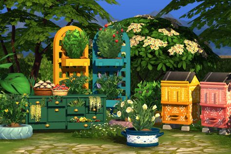 Floret Grove | leaf-motif on Patreon Sims 4 Garden Cc, Sims 4 Garden, Hippie Furniture, Sims 4 Cottage, Small Planters, Cc Furniture, Bee Boxes, Sims 4 Toddler, Garden Makeover