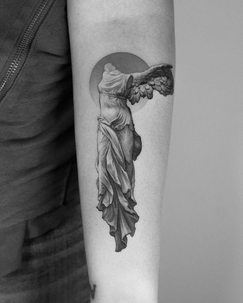 Nike Of Samothrace Tattoo, Samothrace Tattoo, Nike The Goddess Of Victory, Greek Goddess Tattoo, Victory Tattoo, Nike Tattoo, The Winged Victory, Nike Of Samothrace, The Goddess Of Victory