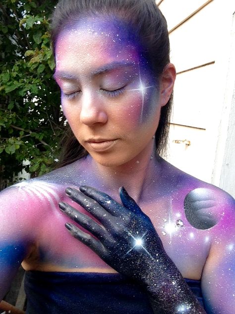 Galaxy airbrush body paint by Air Bené Galaxy Body Painting, Airbrush Body Art, Galaxy Body Art, Airbrush Body Painting, Airbrush Face Painting, Body Painting Pictures, Medium Length Hair Up, A Line Haircut, Paint Makeup