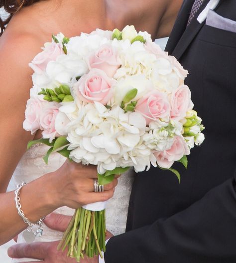 Bridal bouquet with hydrangeas, roses and freesia. Bridal Bouquet Hydrangea And Roses, Wedding Bouquets Hydrangea And Roses, Freesia And Rose Bouquet, Roses With Hydrangeas, Bridal Bouquet Blush, Pink And White Hydrangea Bouquet, Light Pink Flower Bouquet Wedding, Blush Rose Bridal Bouquet, Blush Pink And White Bridal Bouquet