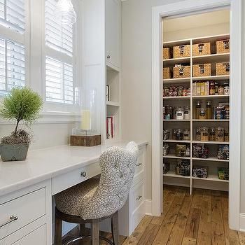 Narrow Kitchen Pantry, Long And Narrow Kitchen, Shutters Cottage, Pantry Desk, Kitchen Scullery, Long Narrow Kitchen, Small Kitchen Pantry, Rustic Wood Floors, Office Pantry