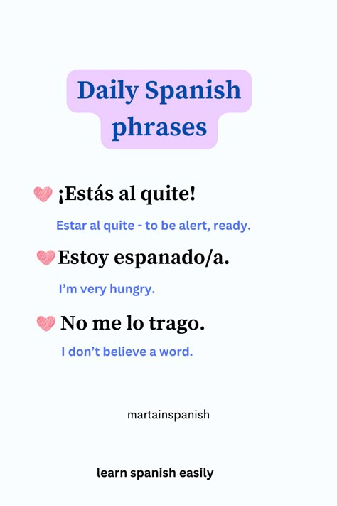 I know that sometimes learning a language, learning Spanish can seem impossible and so frustrating but I know what works, and it’s very simple, focusing on everyday phrases first, phrases you find yourself using in your daily conversations. Let's get you learning Spanish Spanish Vocabulary List, Language Learning Spanish, Spanish Exercises, Beginner Spanish Lessons, Study Vocabulary, Conversational Spanish, Things To Study, Spanish Slang, Useful Spanish Phrases