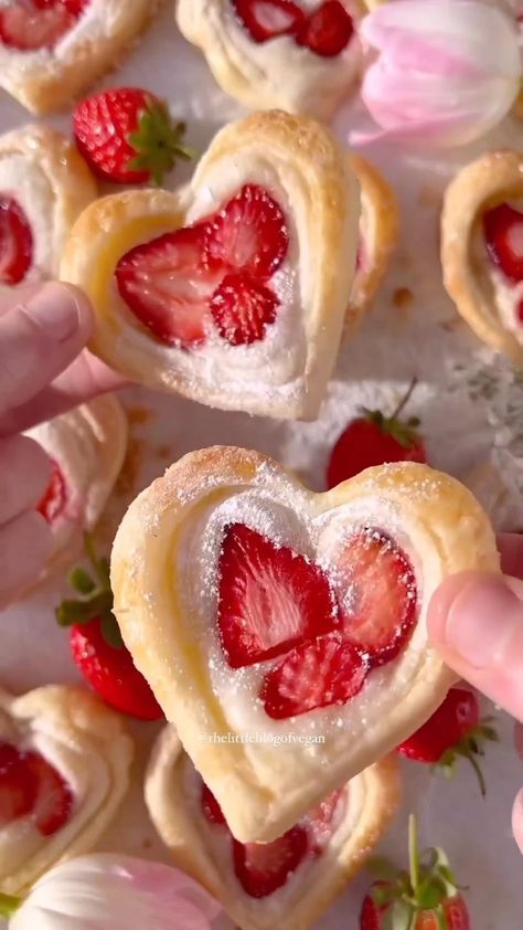 Home • Decor • Inspiration on Reels | Puff Pastry With Cream Cheese, Vday Dessert, Valentines Strawberry, Cream Danish, Heart Danish, Vday Treats, Valentines Bakery, Strawberry Puff Pastry, Cottagecore Recipes