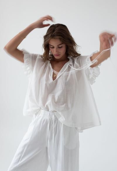 Made Clothing, Linen Clothes, Lace Tops, Ruffle Hem, Raglan Sleeve, Nightwear, White Lace, Style Casual, Casual Fashion