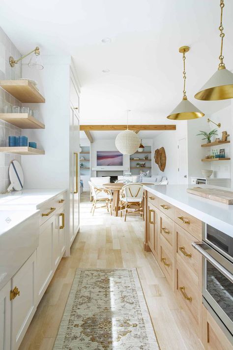 15 Galley Kitchen Ideas That Make the Most of This Design Concept Different Cabinet Colors, Farmhouse Galley Kitchen, White Galley Kitchens, Neutral Kitchen Designs, Galley Kitchen Ideas, Airy Kitchen, Small Galley Kitchen, Galley Kitchen Design, Galley Kitchen Remodel