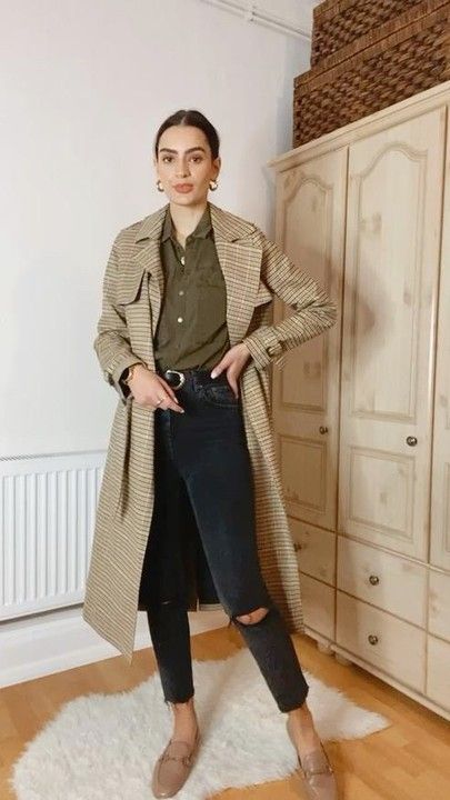 Transitional outfit winter to spring. Trench coat, khaki shirt, black ripped jeans (Asos farleigh jeans), loafers #LTKstyletip #LTKSeasonal Khaki Loafers Outfit, Spring Trench Coat, Spring Trench, Loafers Outfit, Khaki Shirt, Winter To Spring, Transition Outfits, Black Ripped Jeans, Plaid Coat