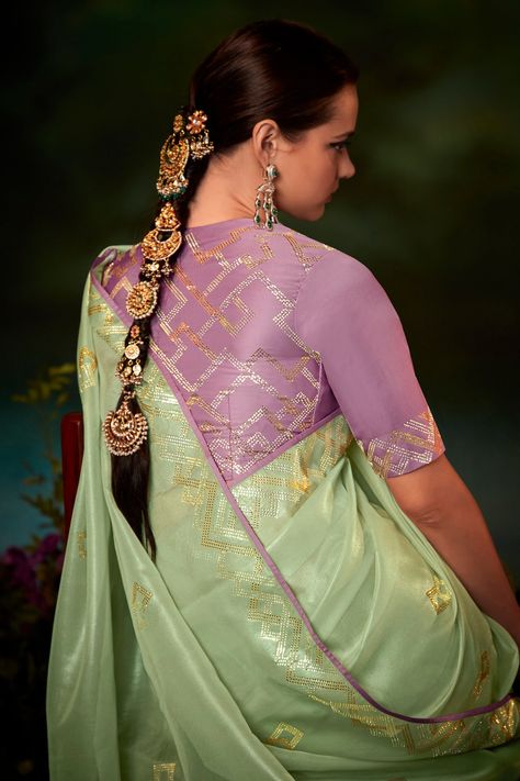 Light Pista Green Saree Contrast Blouse, Pista Green Saree Contrast Blouse, Pista Green Saree, Saree Color Combinations, Wedding Sarees Online, Green Color Combinations, Traditional Festival, Pista Green, Orange Chiffon